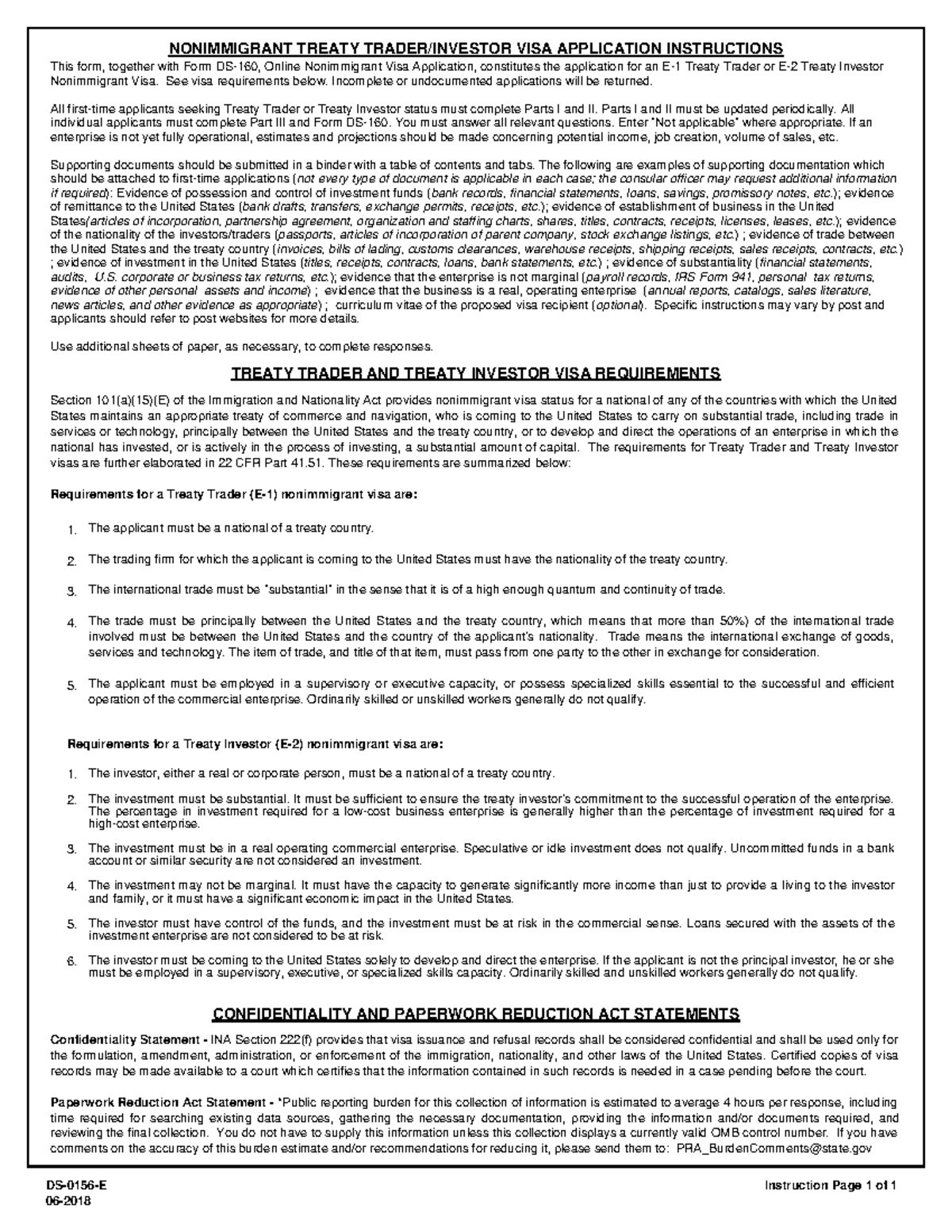NONIMMIGRANT TREATY VISA APPLICATION INSTRUCTIONS (Form DS-156) - Studocu