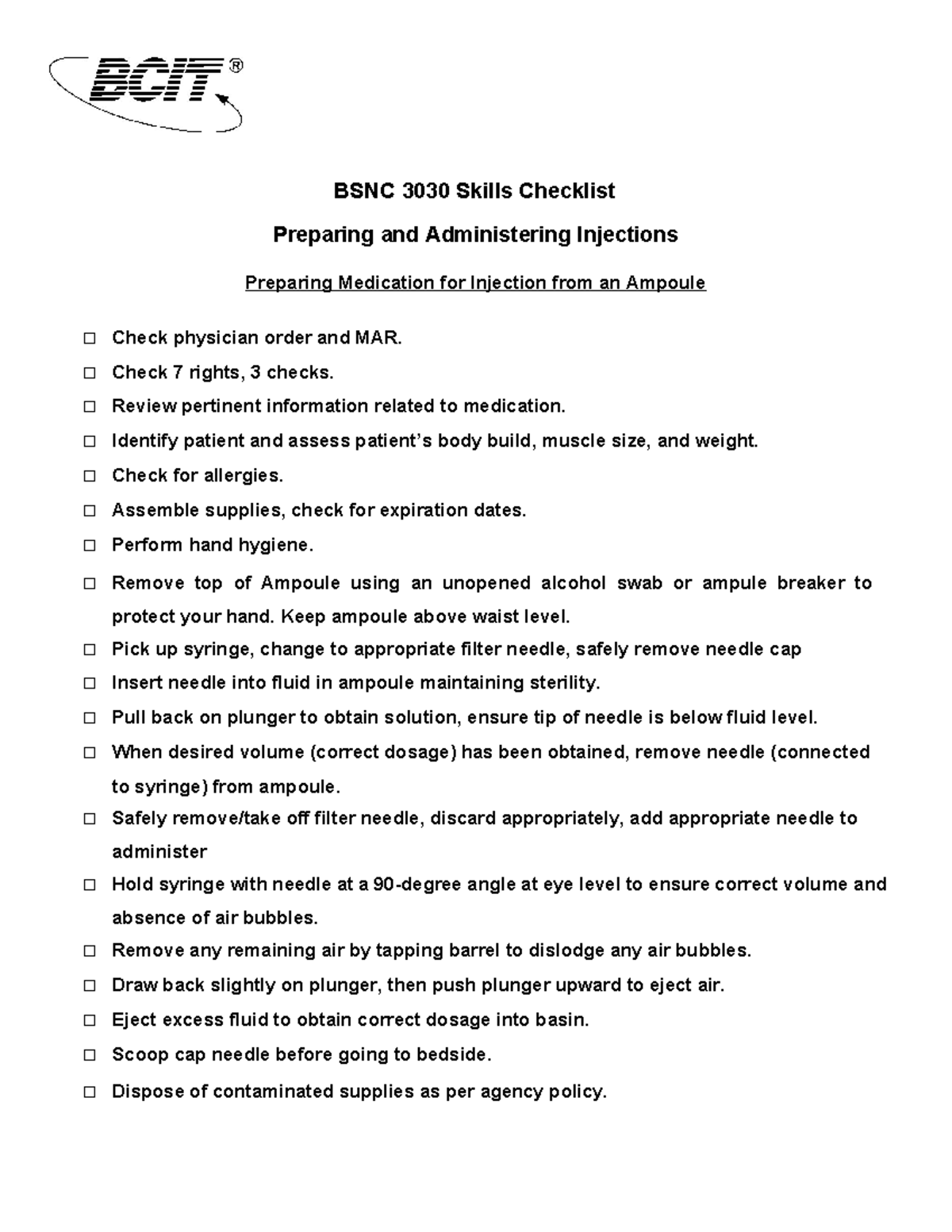 BSNC3030 Final Exam Checklist for Injection Administration Skills - Studocu