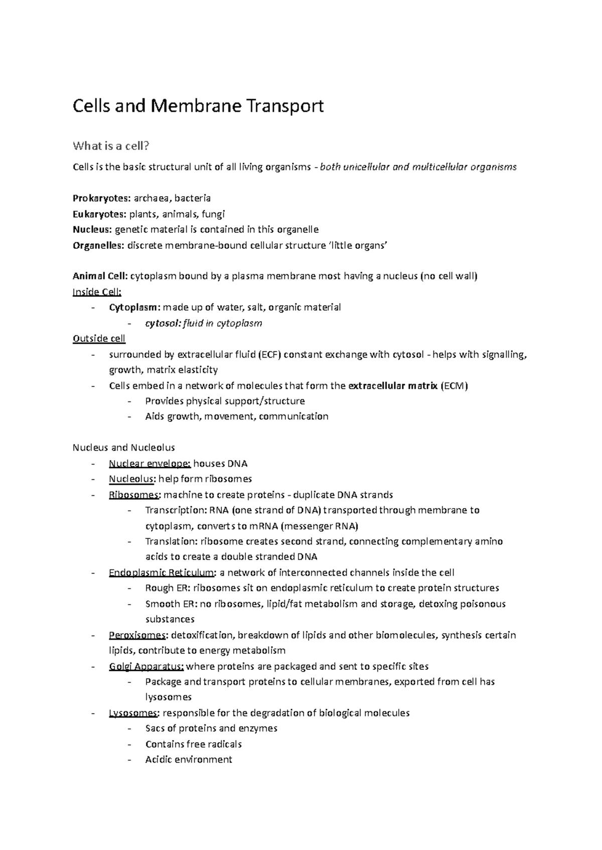 Cells and Membrane Transport: PBHM Week 2 Lecture Notes - Studocu