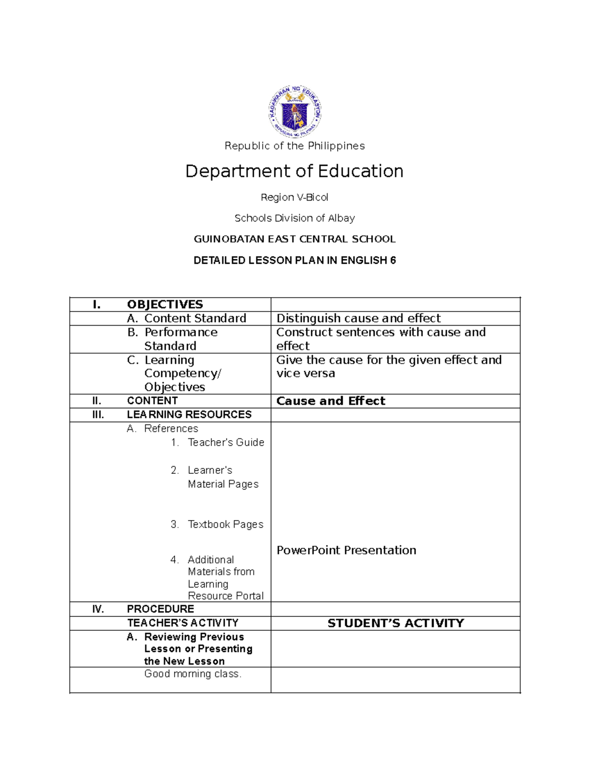 Detailed Lesson Plan in English 6: Cause and Effect - Studocu