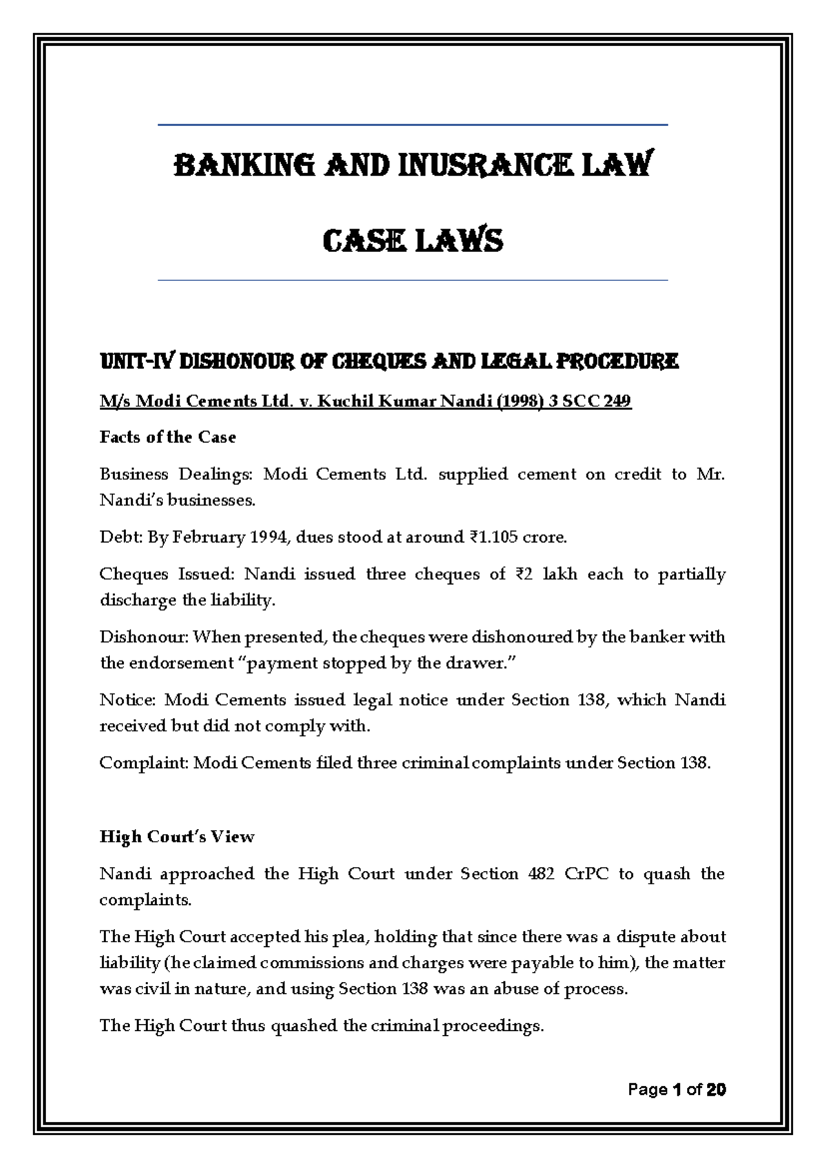 Banking and Insurance Law Case Laws: Dishonour of Cheques Analysis ...