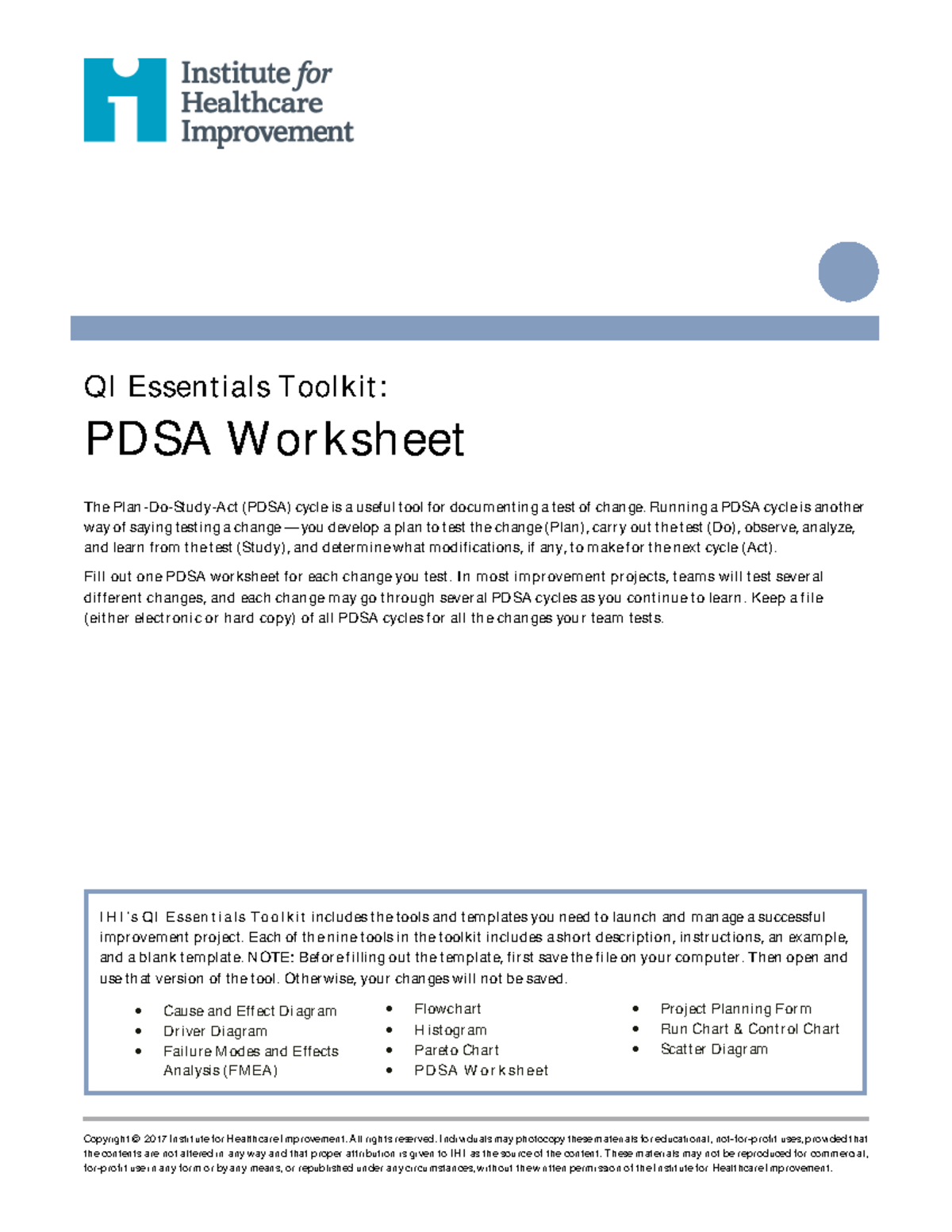 QI Essentials Toolkit: PDSA Worksheet Guide - Studocu