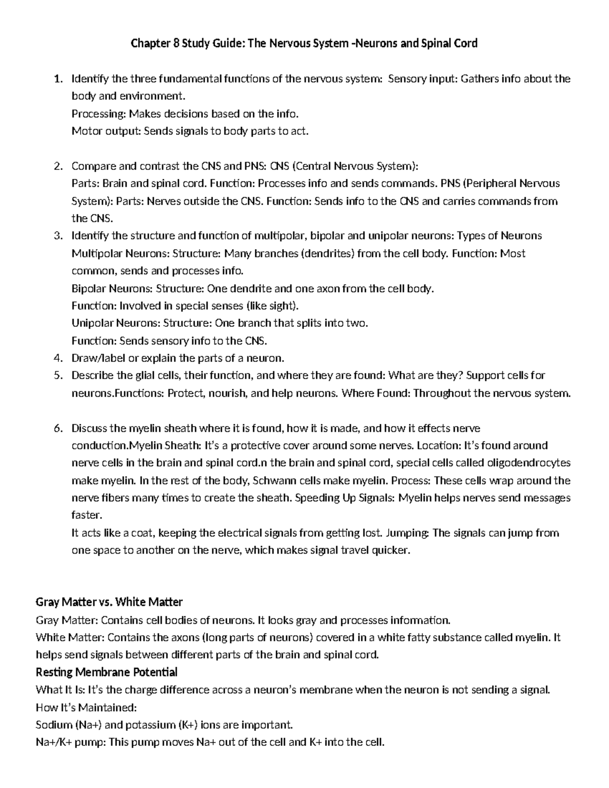 Chapter 8 Study Guide: The Nervous System - Neurons & Spinal Cord - Studocu