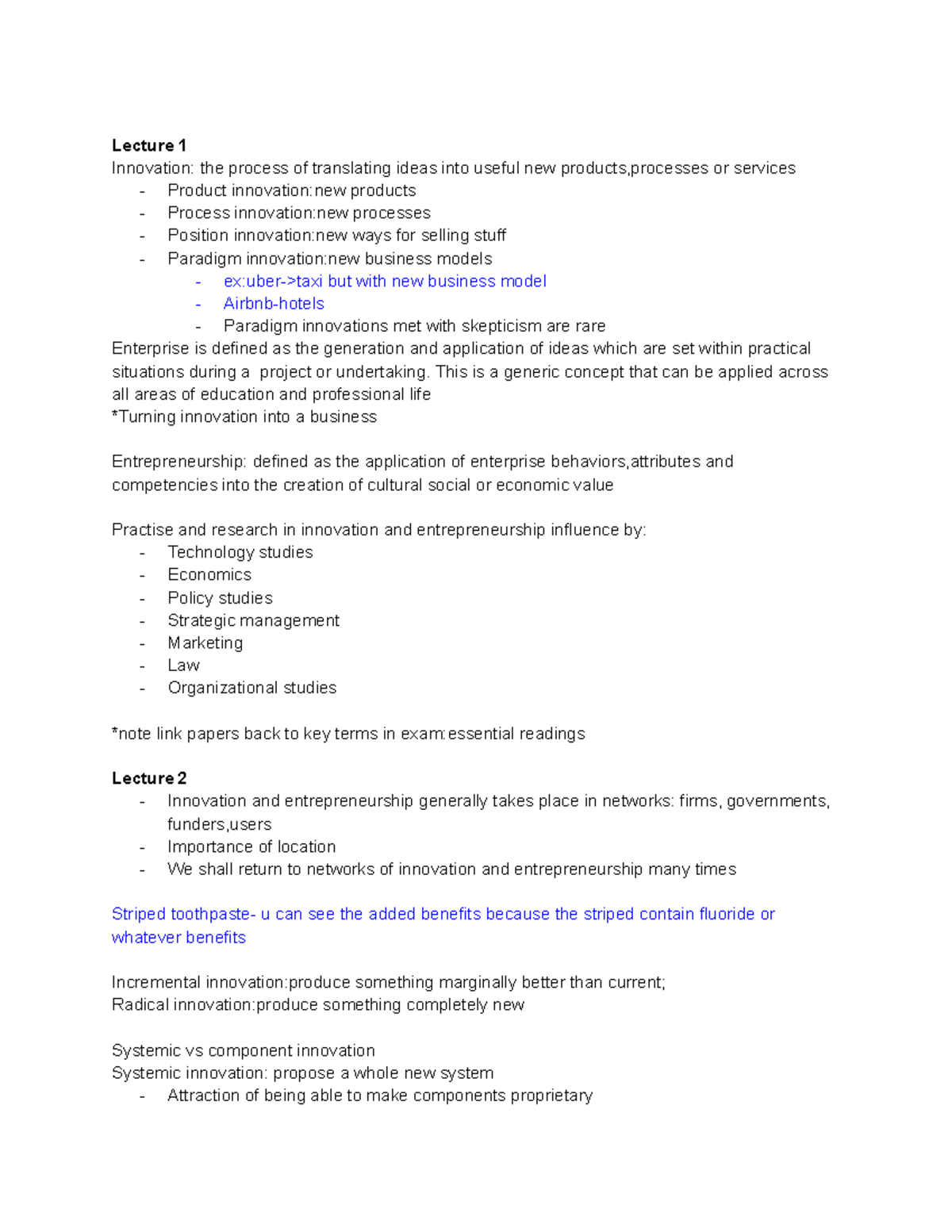 Inno-note - innovation notes for 1st lecture - Lecture 1 Innovation ...