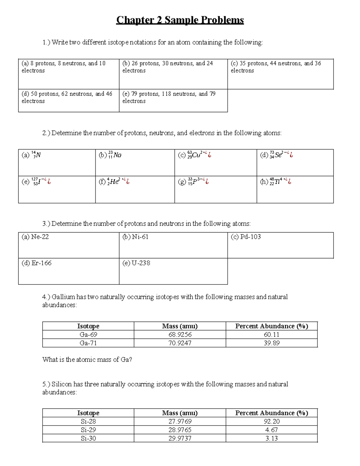 Chapter 2 Sample Problems: Isotopes, Atomic Mass, and Chemical Formulas ...