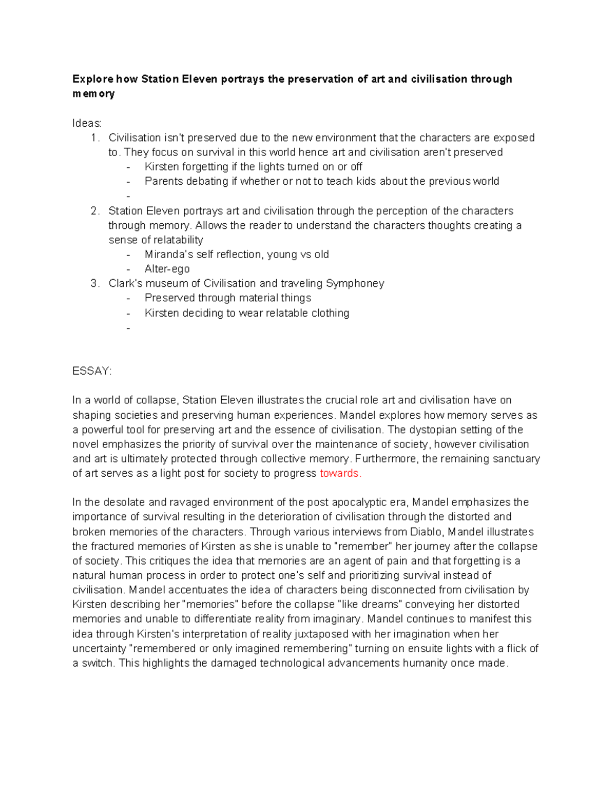 ENG 202: Sample Essay on Memory in Station Eleven - Studocu