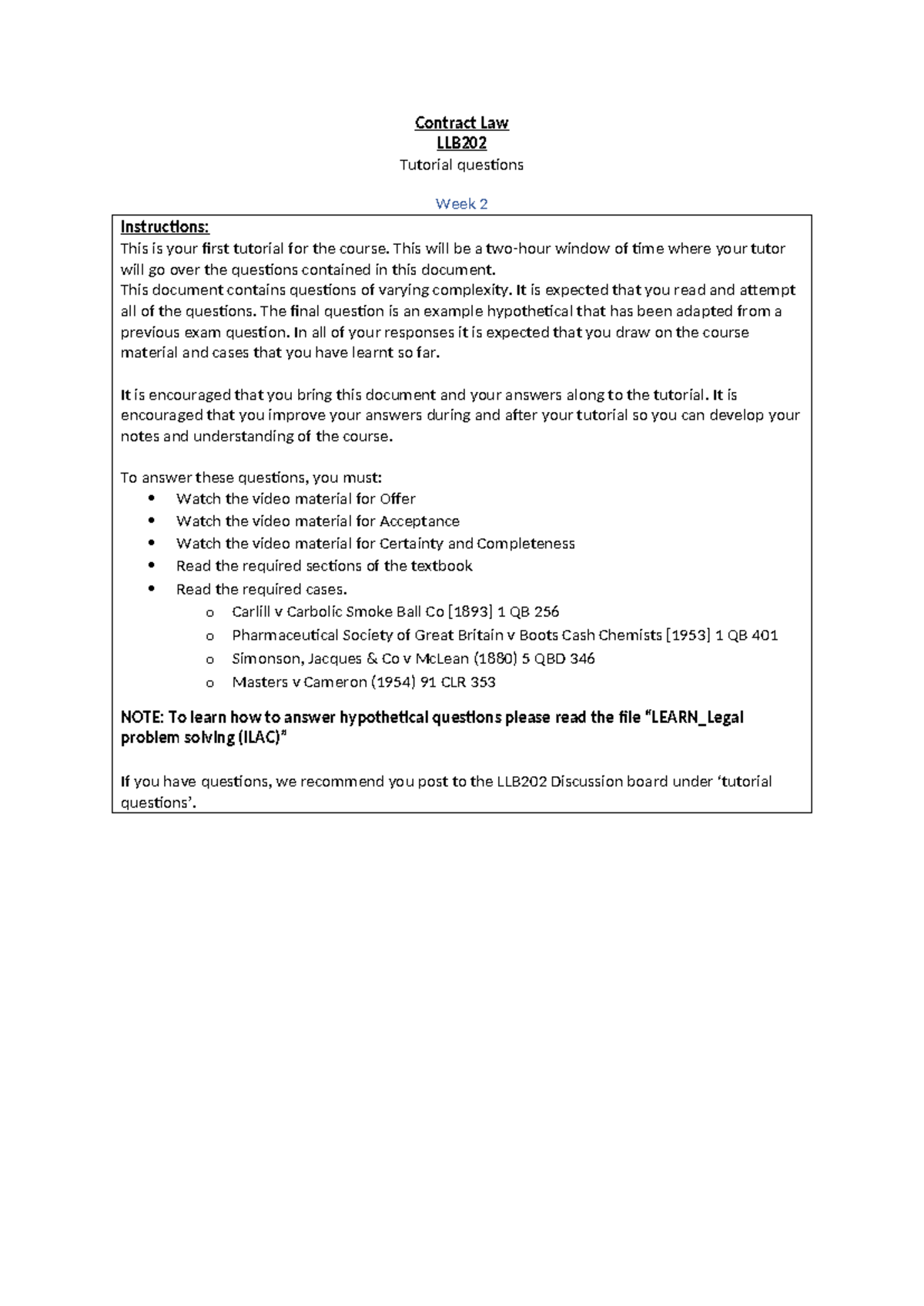 LLB202 Contract Law Week 2 Tutorial Questions and Instructions - Studocu