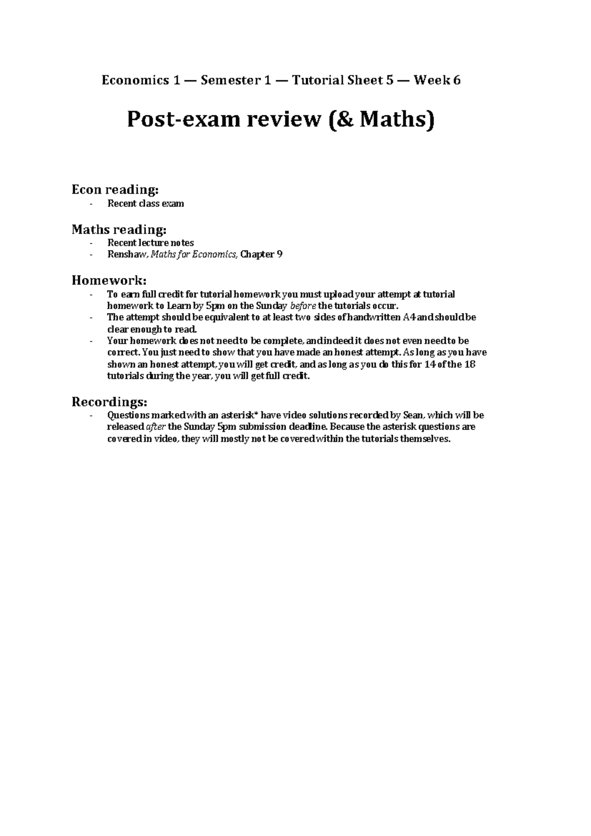 Econ 1 S1 W6 Tutorial Sheet 5 Solutions and Review - Studocu