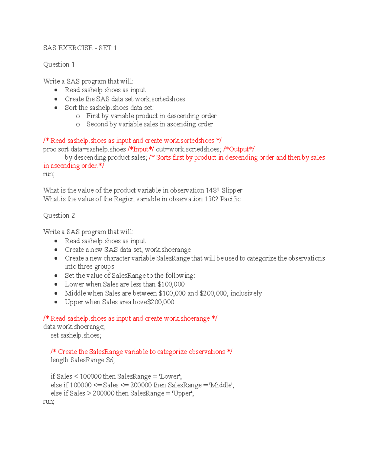 SAS Exercise - SET 1: Sorting, Categorization, and Data Manipulation ...