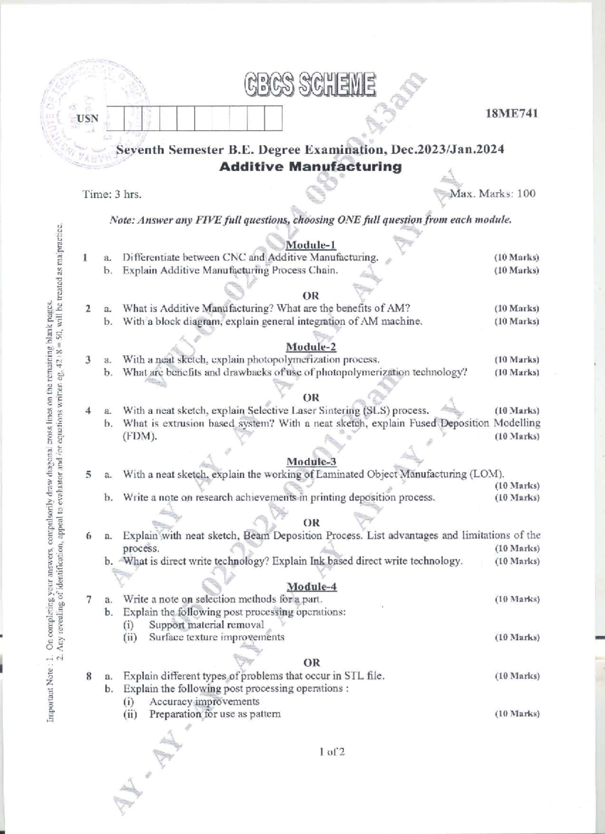 18ME741 - Previous Year Question Paper on Additive Manufacturing - Studocu