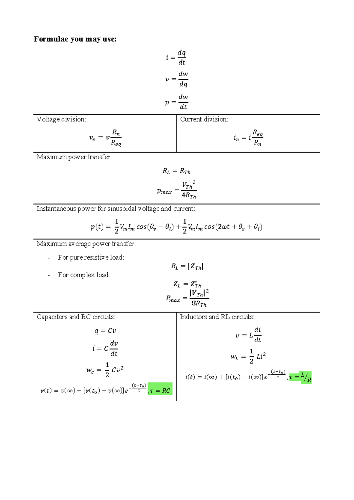 ELEC1111 - Essential Formula Sheet for Circuit Analysis - Studocu