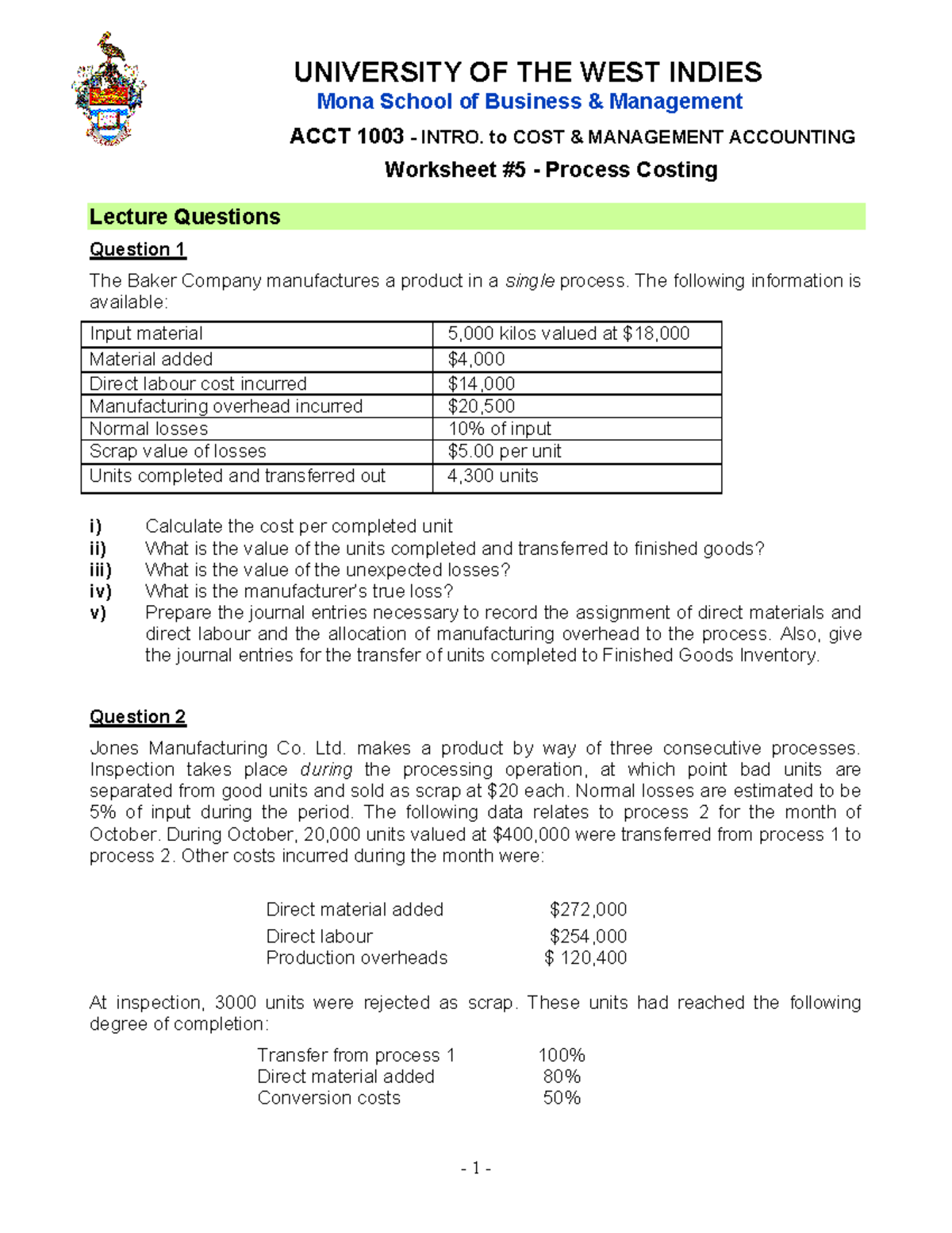 ACCT 1003 Process Costing Worksheet: Lecture Questions & Solutions ...