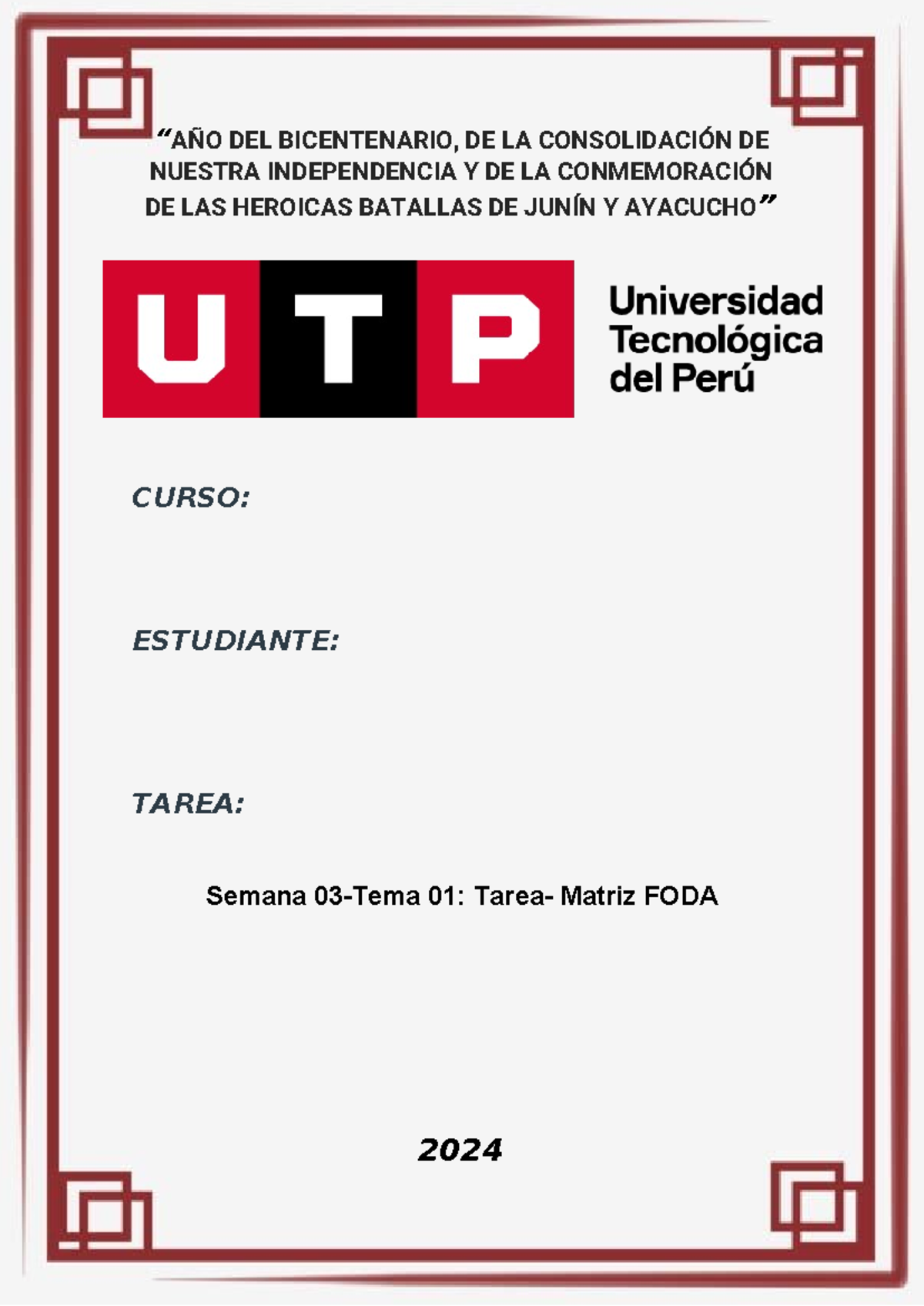 Semana 03 - Tema 1: Tarea sobre Matriz FODA - Curso 2024 - Document Preview