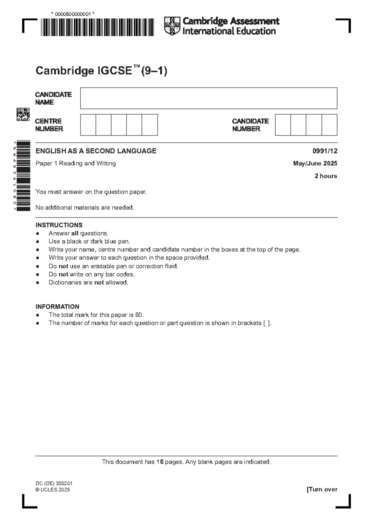Cambridge 0991/25 IGCSE ESL Paper 1 Reading & Writing Exam 2025 - Studocu