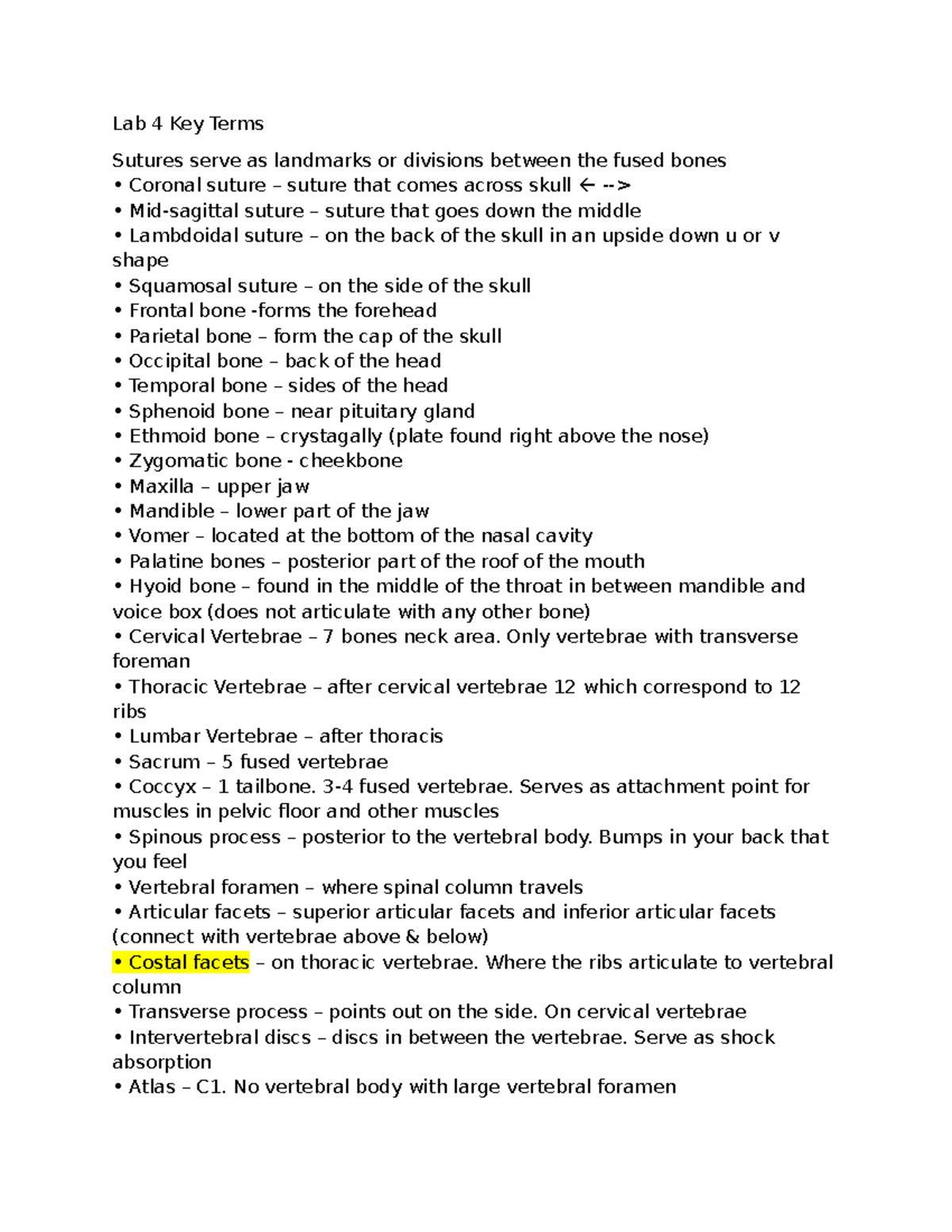 Lab 4 Key Terms: Anatomical Landmarks and Bone Structures - Studocu