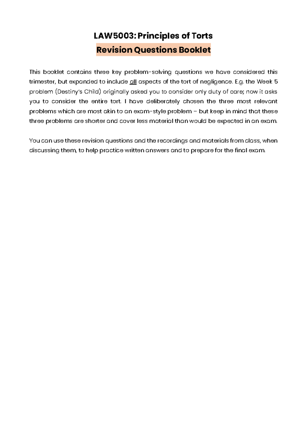 LAW5003: Principles of Torts Final Exam Revision Questions - Studocu