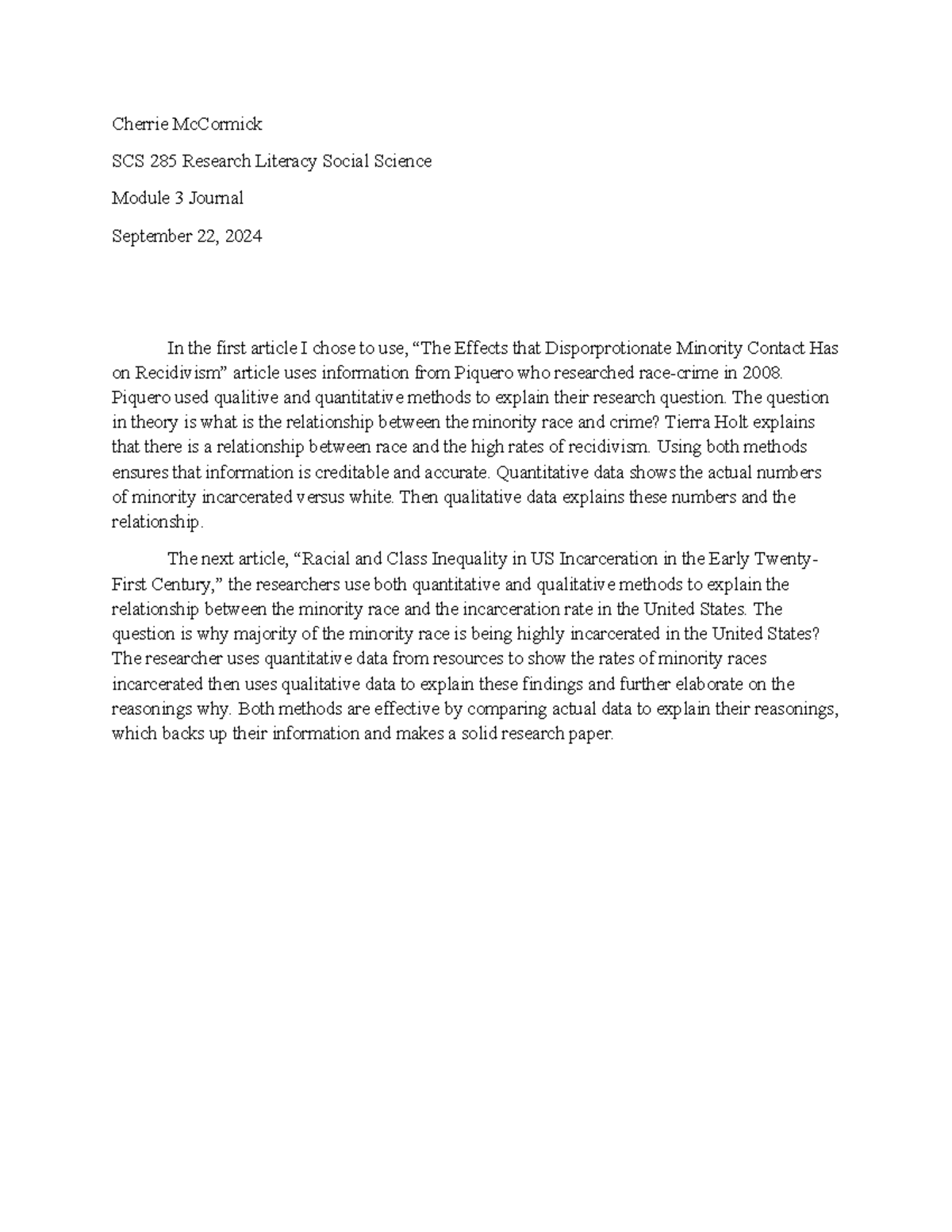 SCS 285 Module 3 Journal: Effects of Racial Disparities on Recidivism ...