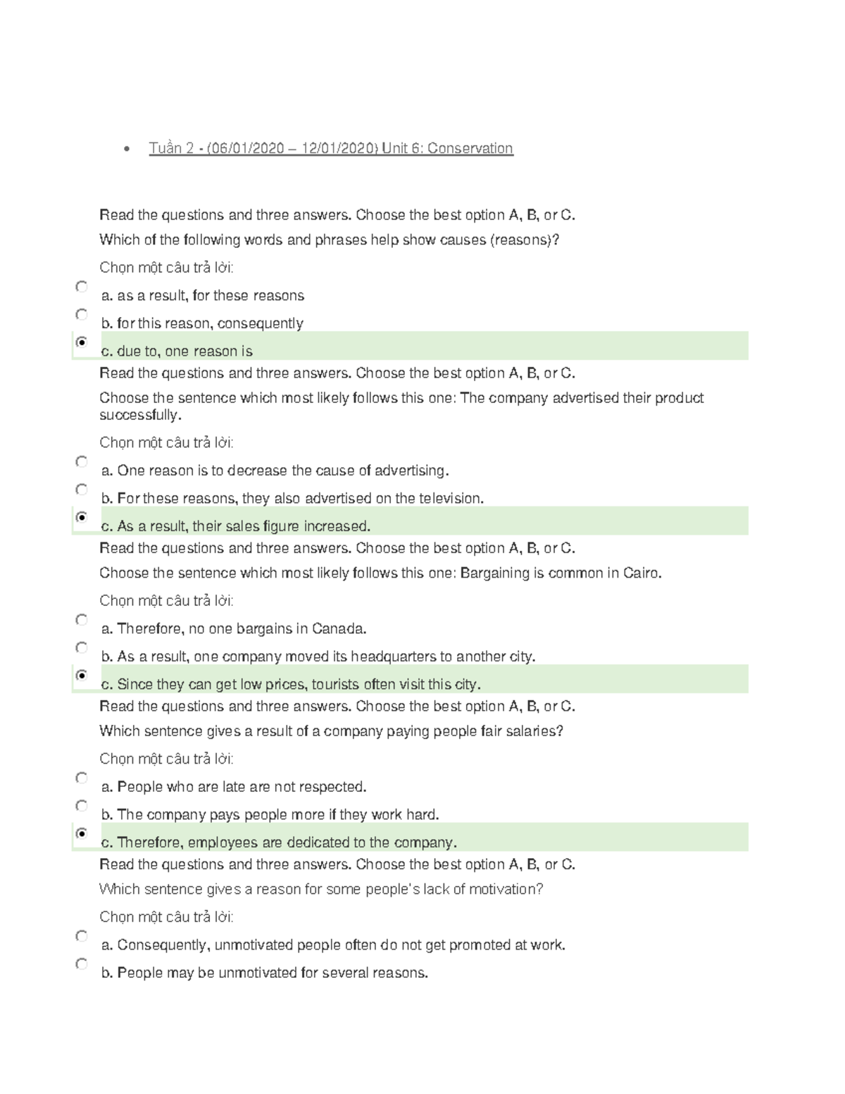 Tuần 2 Unit 6: Conservation - Questions and Answers Guide - Studocu