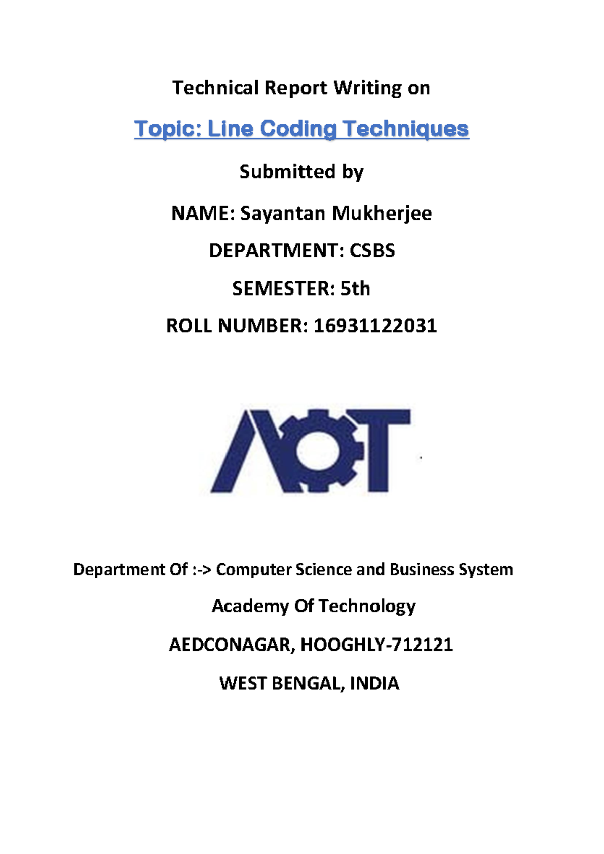 PCC-CSBS501 Technical Report: Line Coding Techniques Explained - Studocu