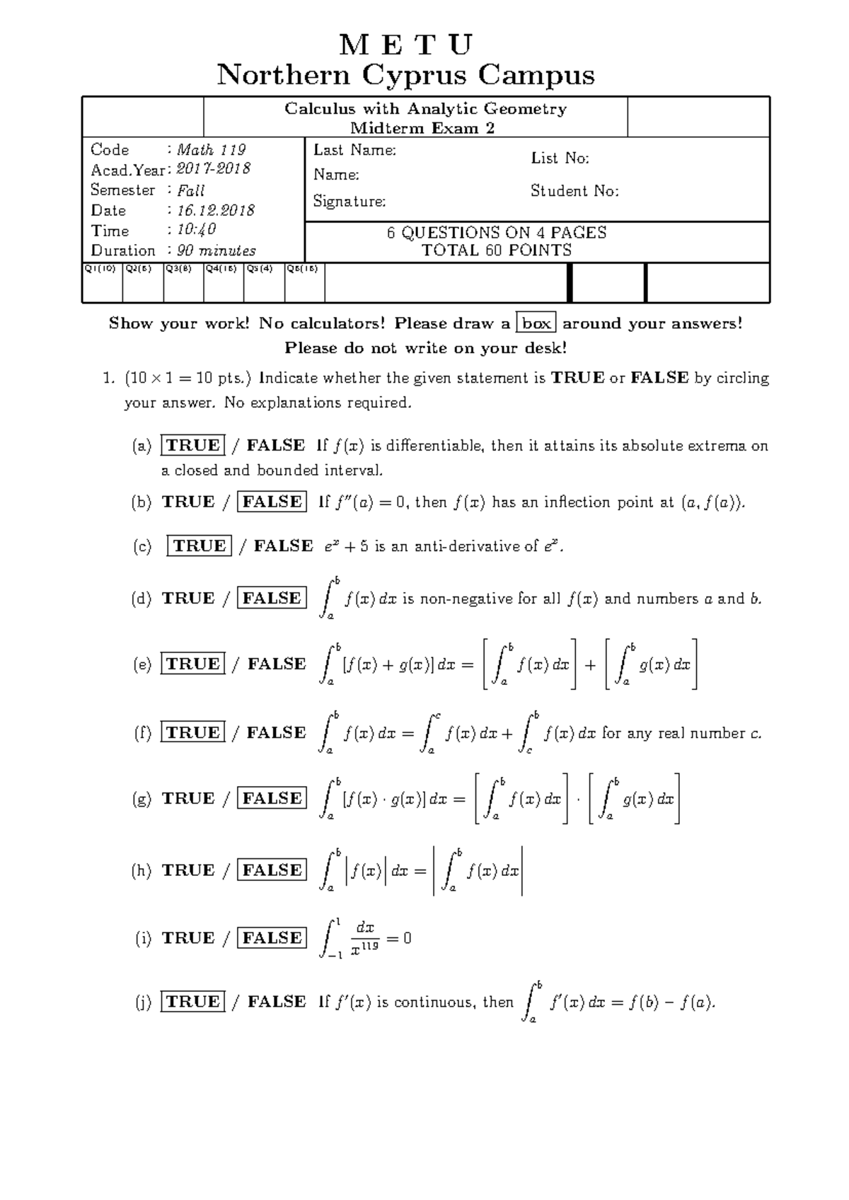 Math 119 Midterm 2 18-19 Fall - Last Name: Name: Signature: Student No ...