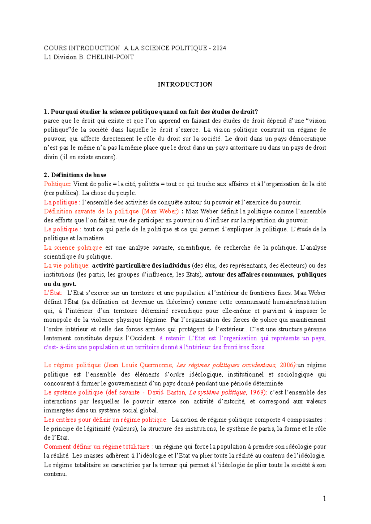 Introduction à la Science Politique 2024 - Notes de Cours L1 Division B ...