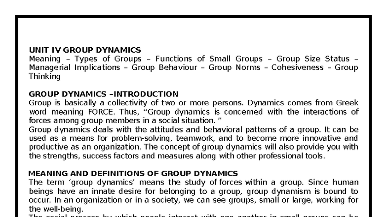UNIT IV OB- Notes: Understanding Group Dynamics and Development - Studocu