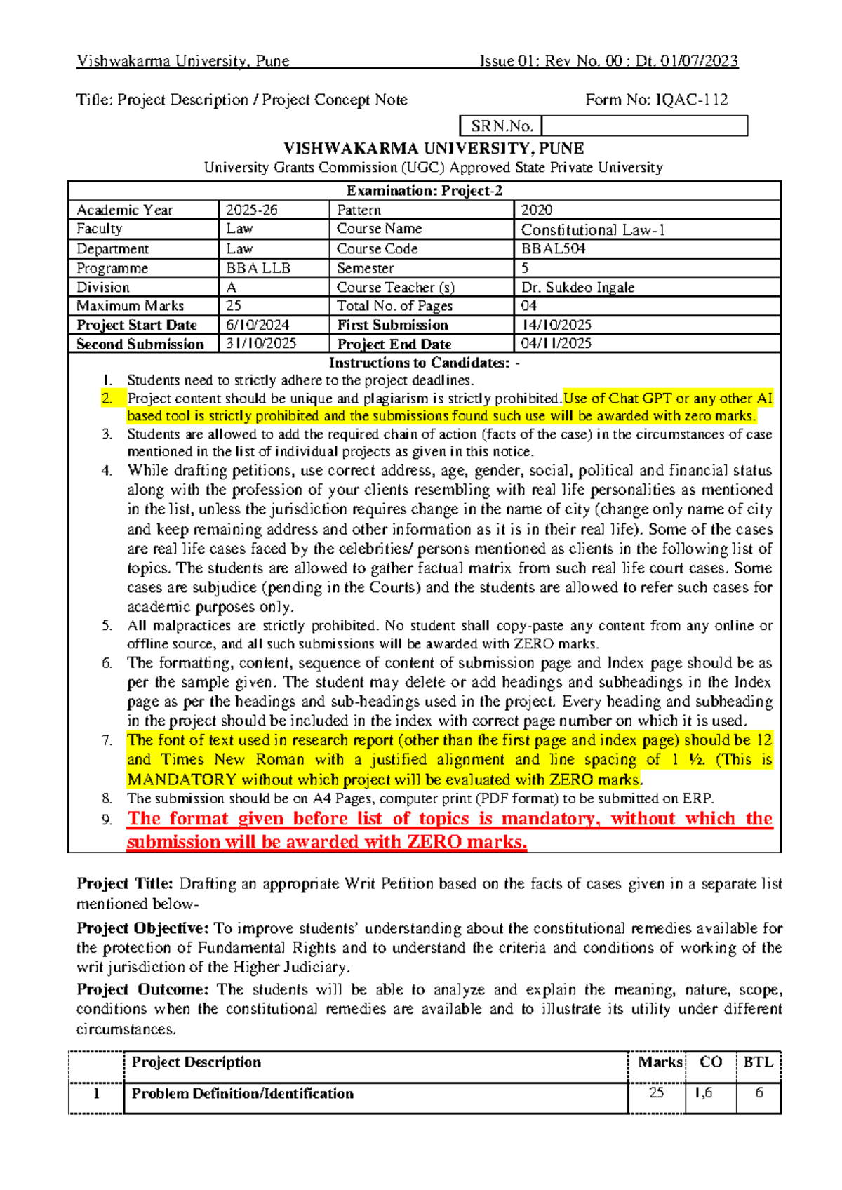 BBAL504: Project Description on Drafting Writ Petitions for Fundamental ...