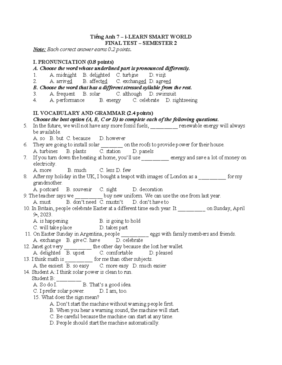 Tiếng Anh 7 SMART WORLD FINAL TEST SEMESTER 2 - Pronunciation & Grammar ...