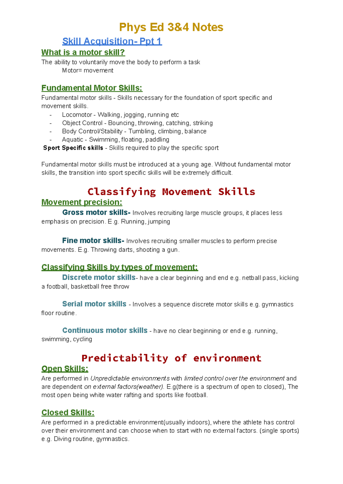 Phys Ed Unit 3&4 Summary: Understanding Motor Skills and Movement - Studocu