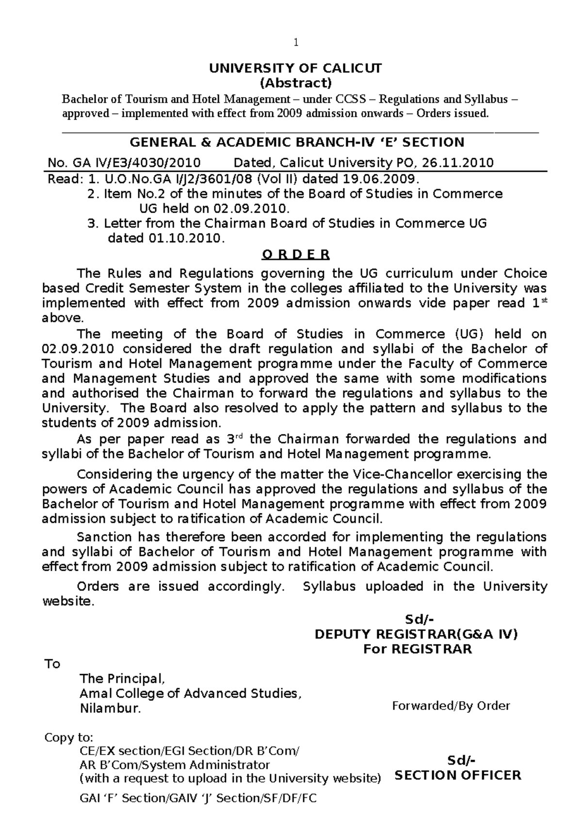 Regulations for Bachelor of Tourism & Hotel Management (BTHM) under ...
