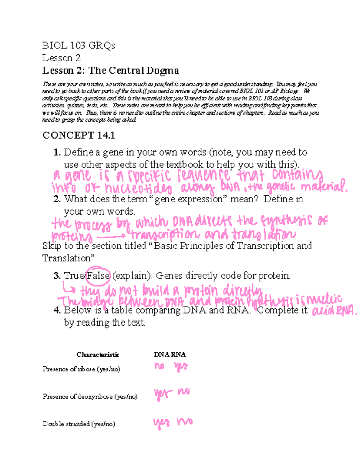 BIOL 103 GRQs Lesson 2: Understanding the Central Dogma - Studocu