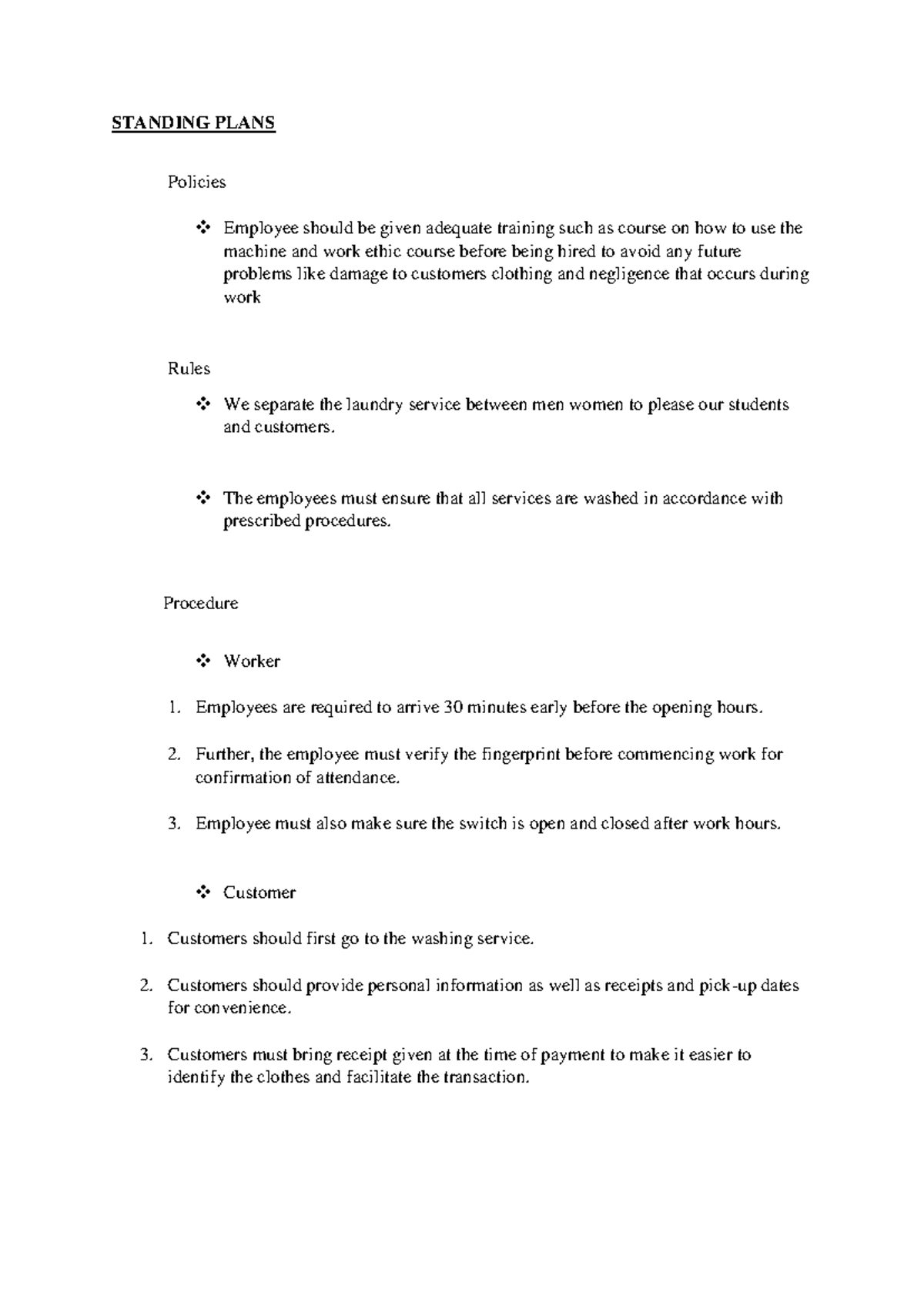 Standing Plans for Semester 1: Policies, Rules, and Procedures - Studocu