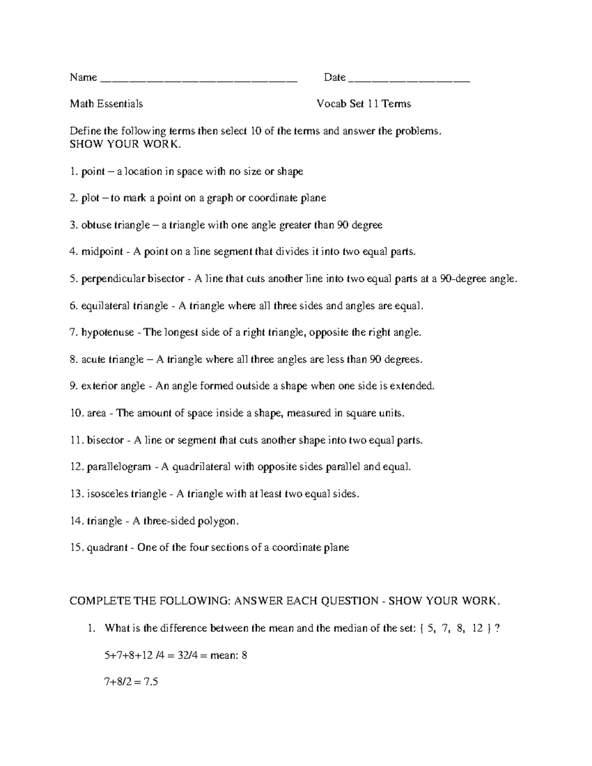 MATH Essentials - Vocab SET 11 Assignment-1 - Name ...