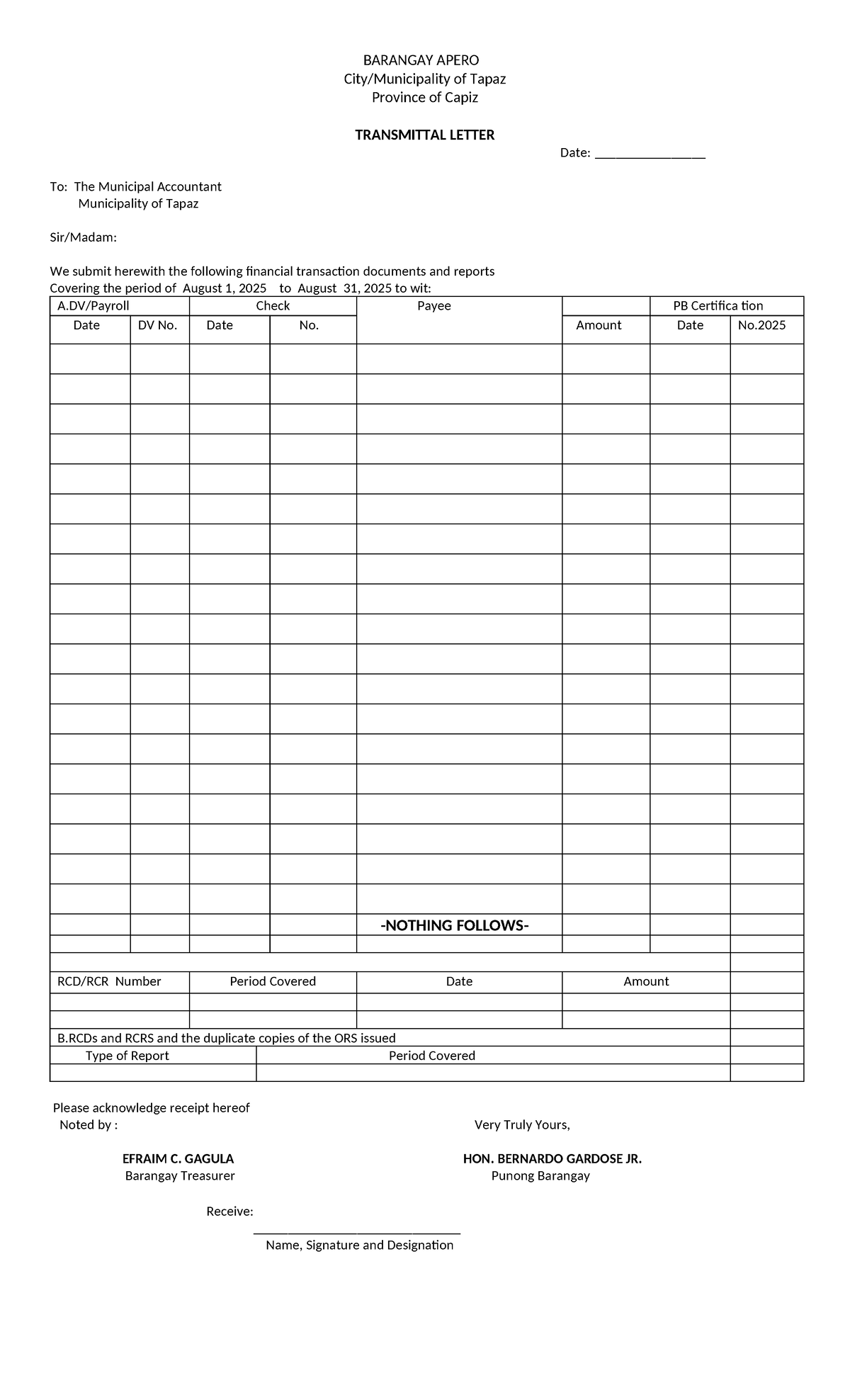 Transmittal Letter for Financial Reports - Barangay Cristina, Tapaz ...