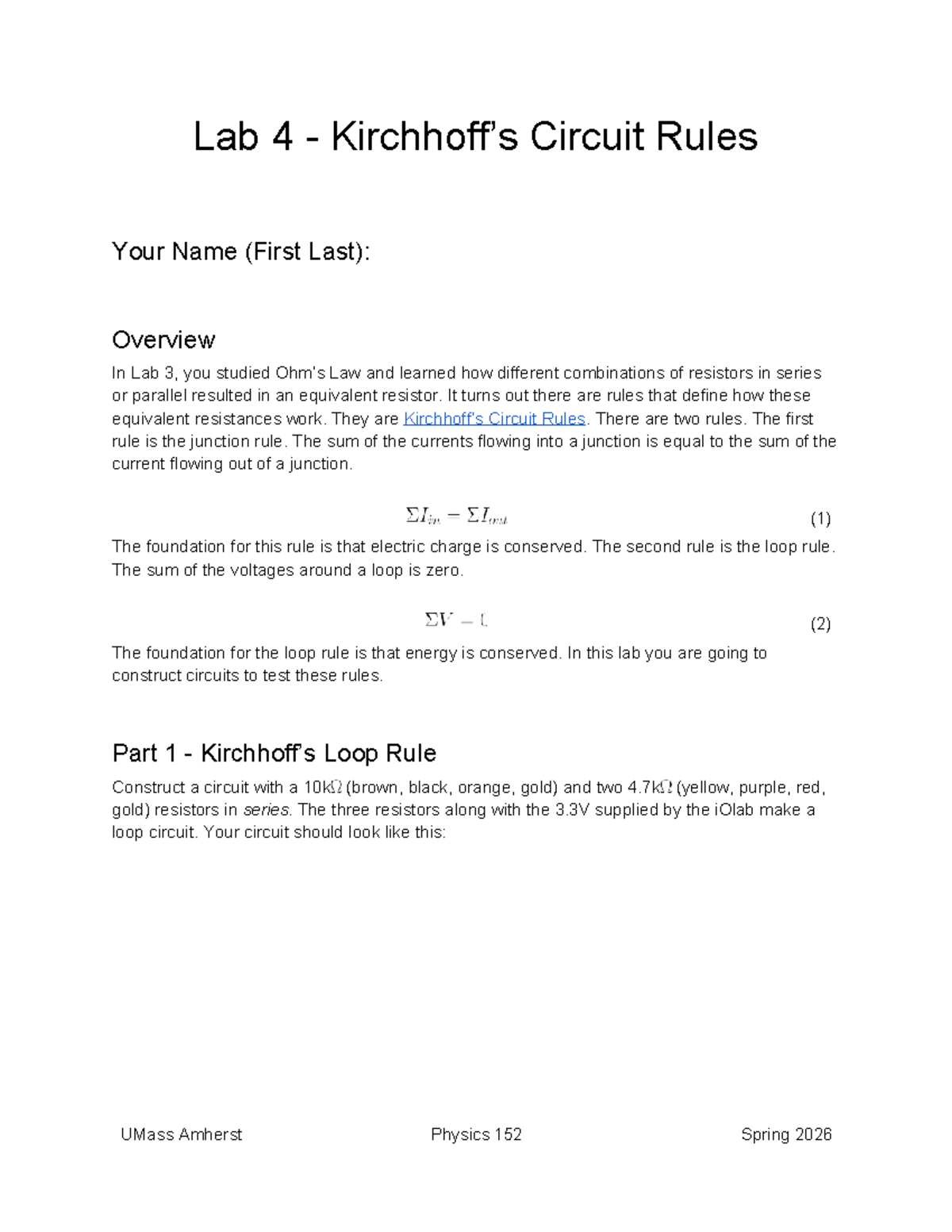 Lab 4 - Kirchhoff's Circuit Rules (Physics 152 Spring 2026) - Studocu