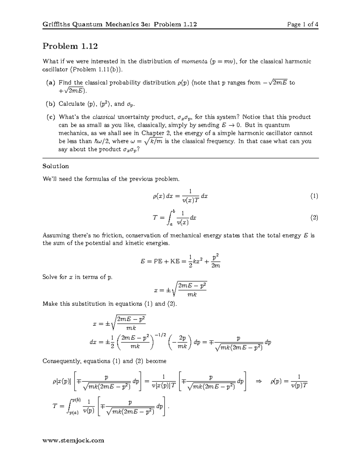 Griffiths Quantum Mechanics 3e: Classical Harmonic Oscillator Analysis ...