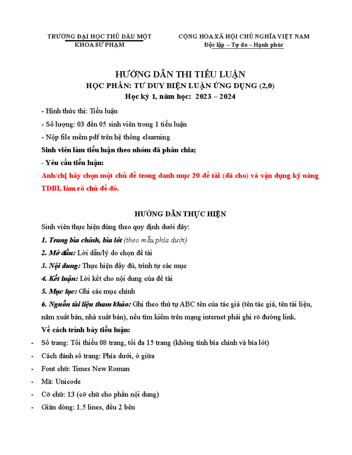 Hướng dẫn thi tiểu luận TDBL 2023-2024 - Tư duy biện luận ứng dụng ...