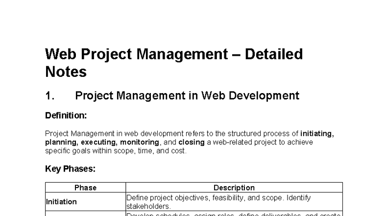 Web Project Management Detailed Notes: Key Phases & Tools - Studocu