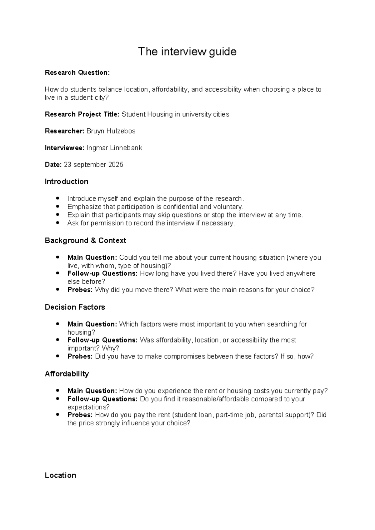 Interview Guide: Student Housing Choices in University Cities - Studeersnel