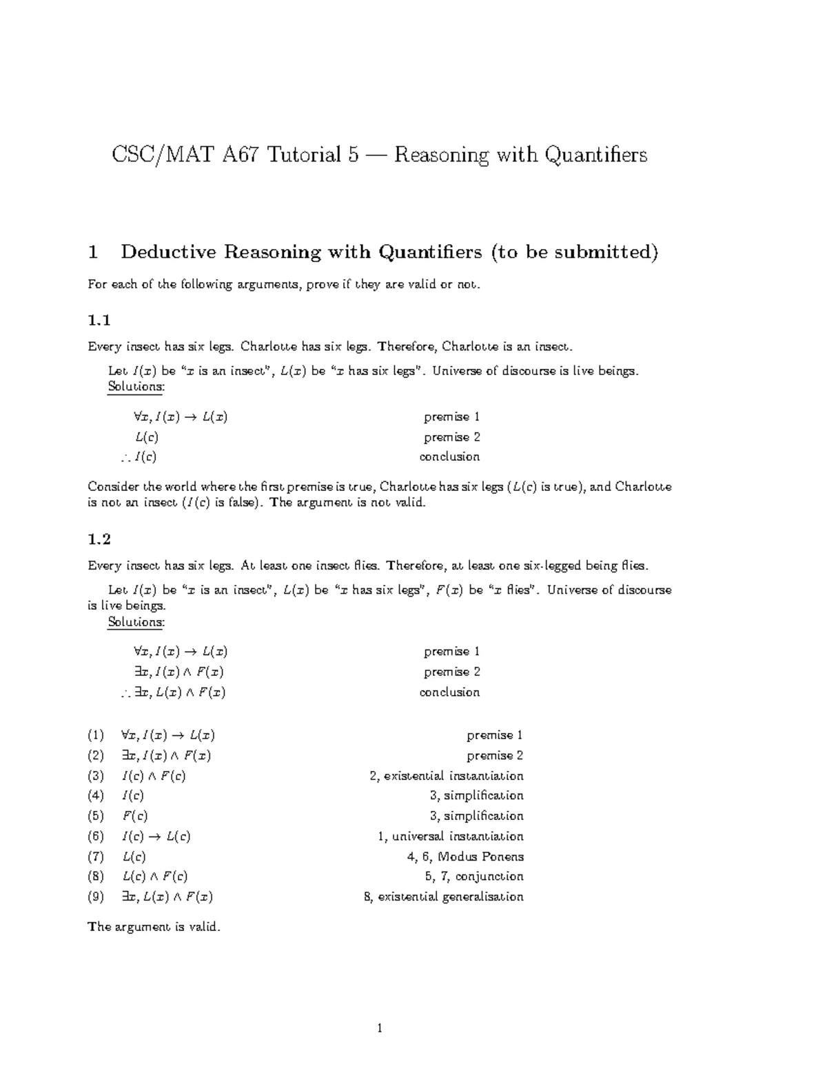 CSC/MAT A67 Tutorial 02 Solutions on Propositional Logic and Validity ...