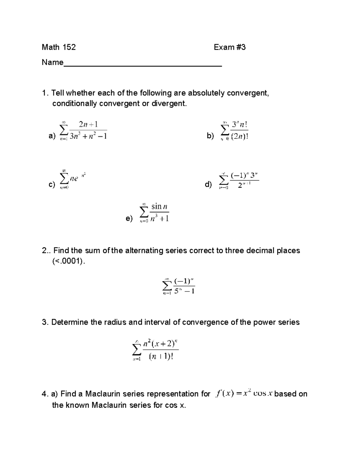 Math 152 Exam 3 - Convergence and Series Analysis - Studocu