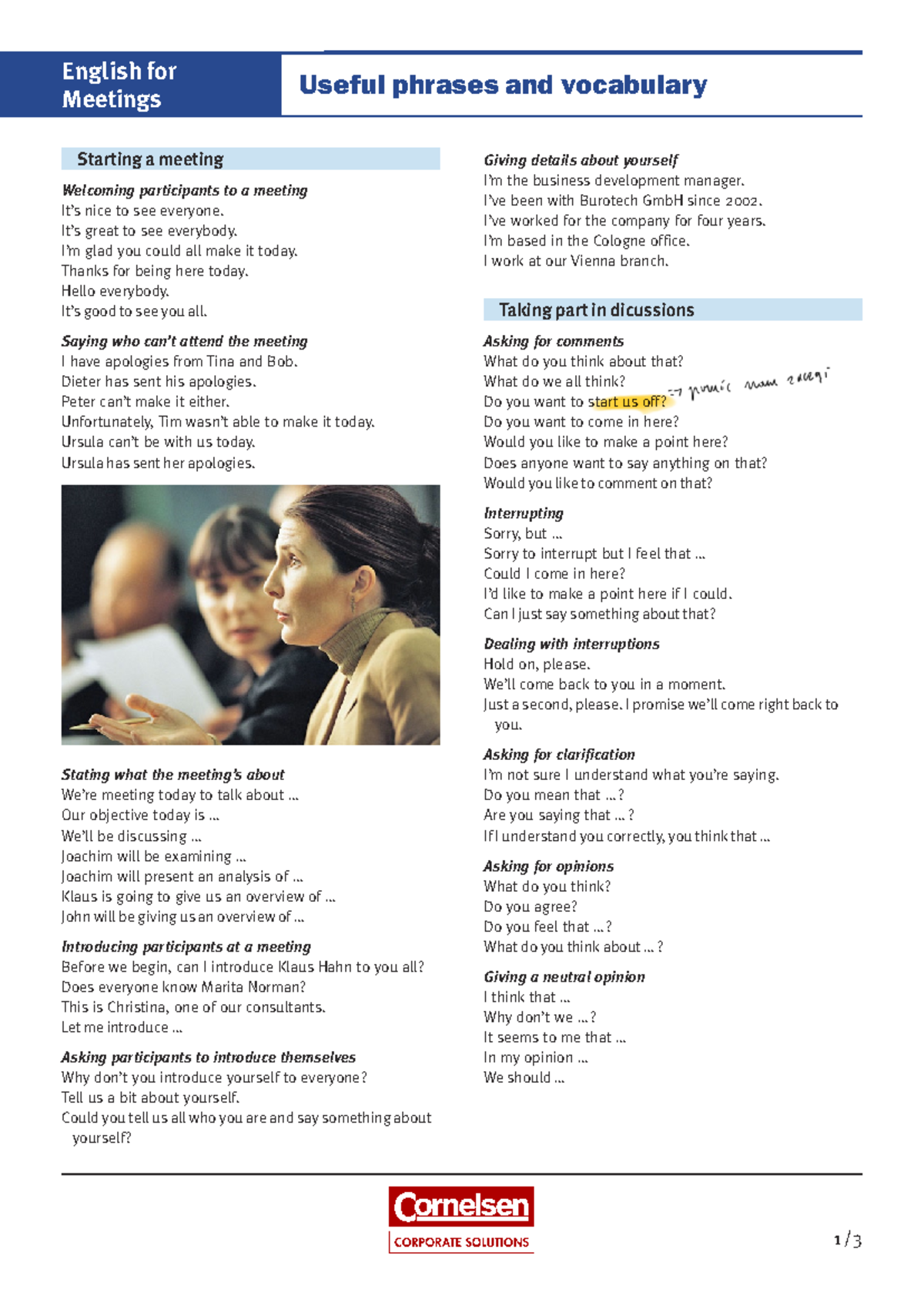 Meetings Phrases - English for Meetings Useful phrases and vocabulary 1 ...