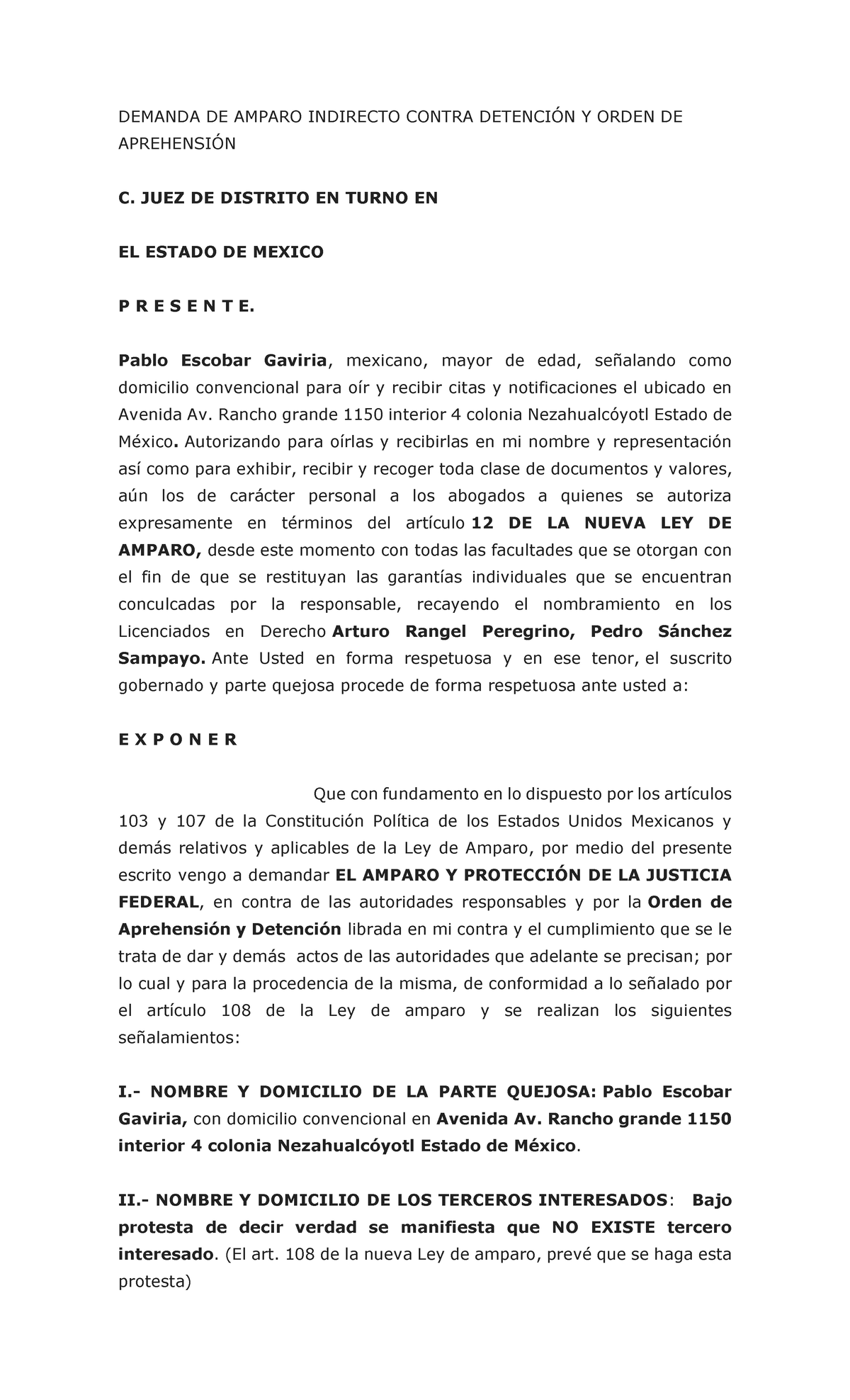 Demanda de Amparo Indirecto contra Detención y Orden de Aprehensión ...