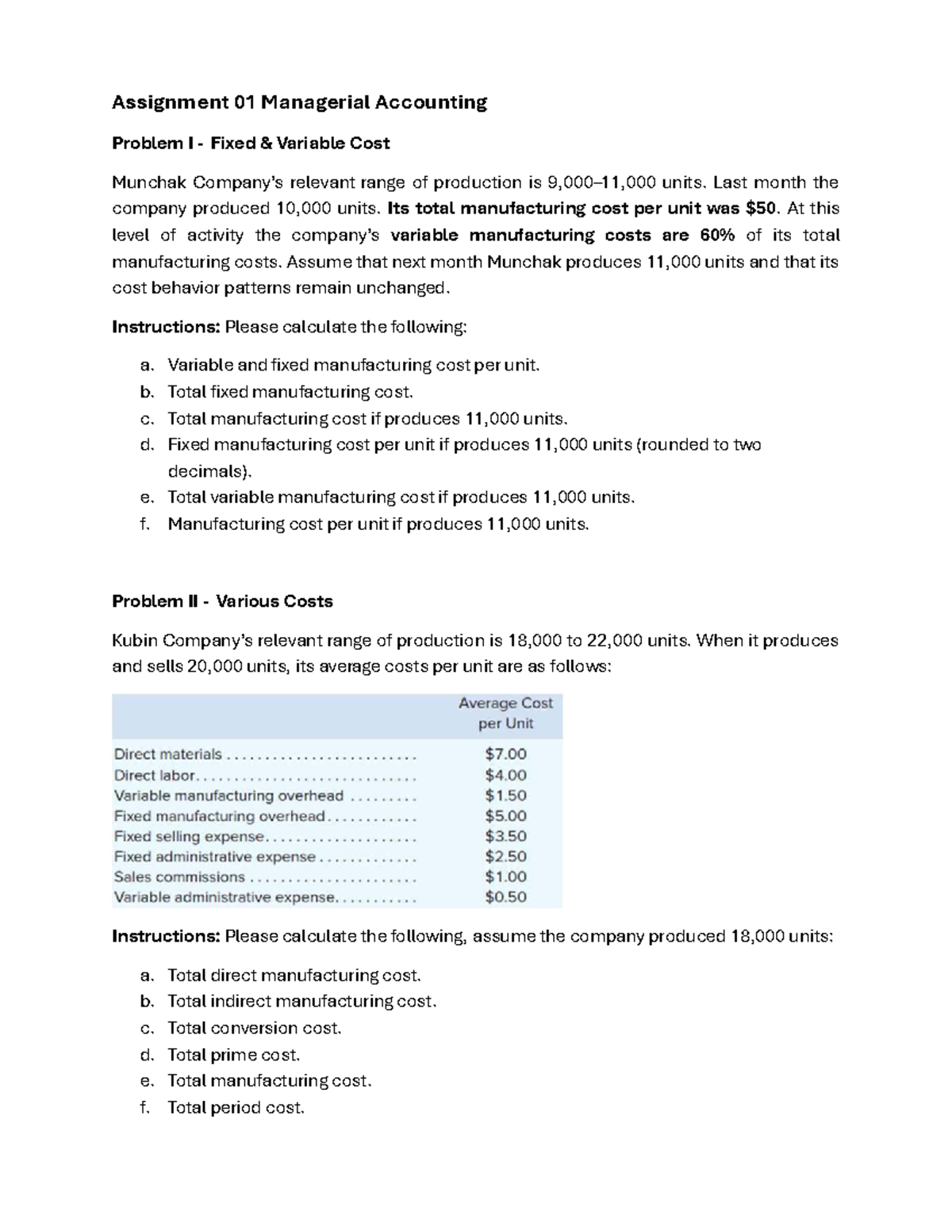 Assignment 01 Managerial Accounting Cost Concepts and Calculations ...