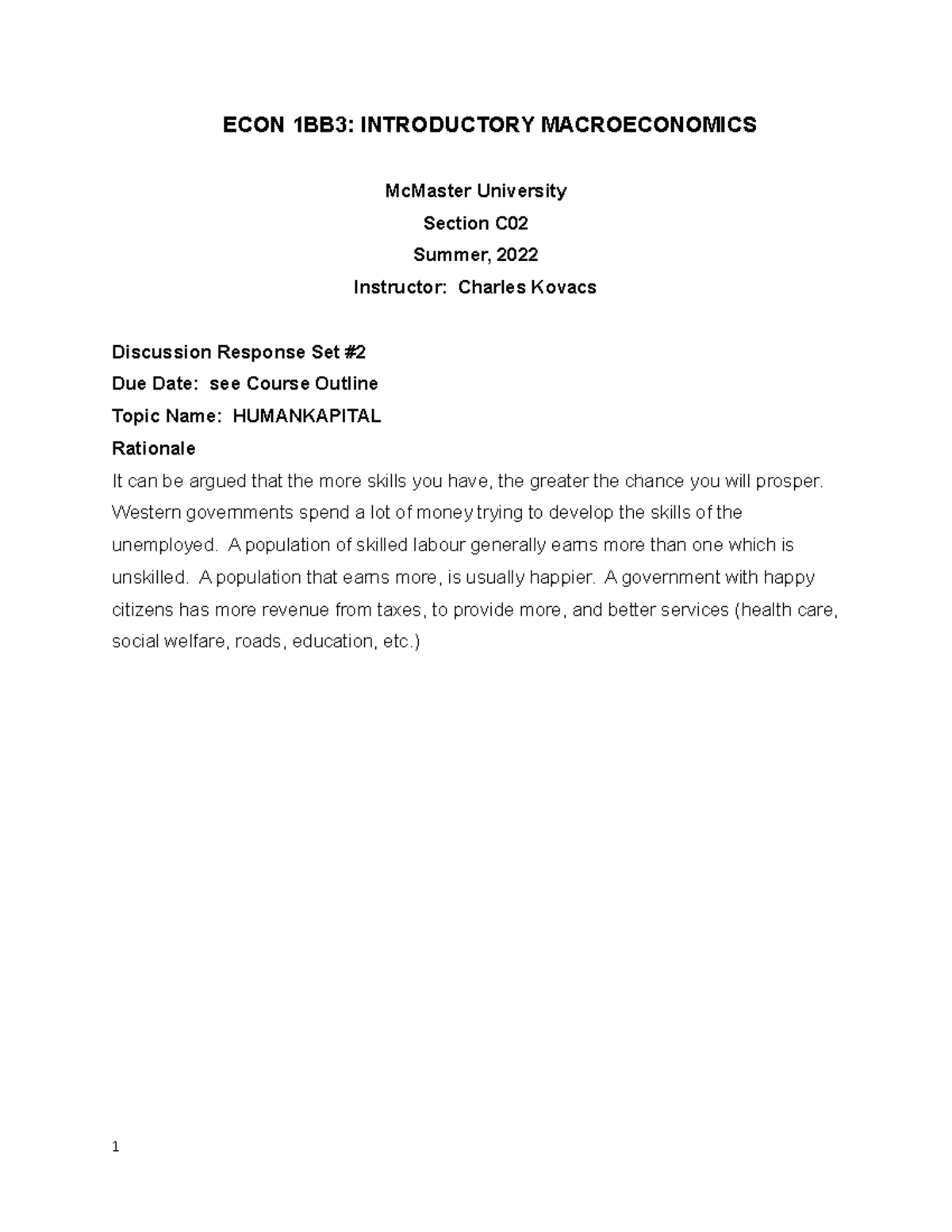 S22 1BB3 kovacs Discussion 2 - ECON 1BB3: INTRODUCTORY MACROECONOMICS ...