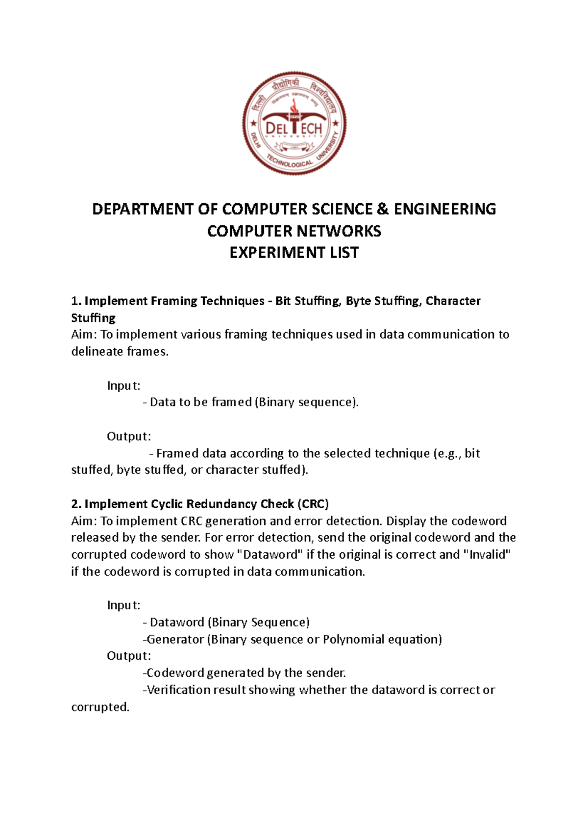 CN Practical Experiment List for Computer Networks - Studocu