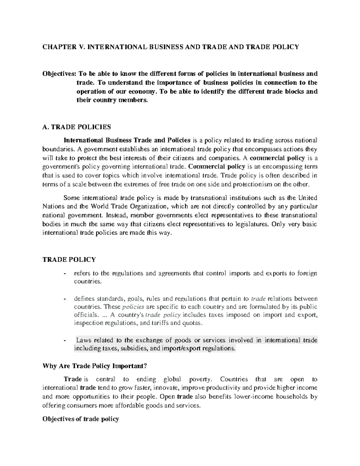 Chapter V (IBT) - International Business Trade Policies Overview - Studocu