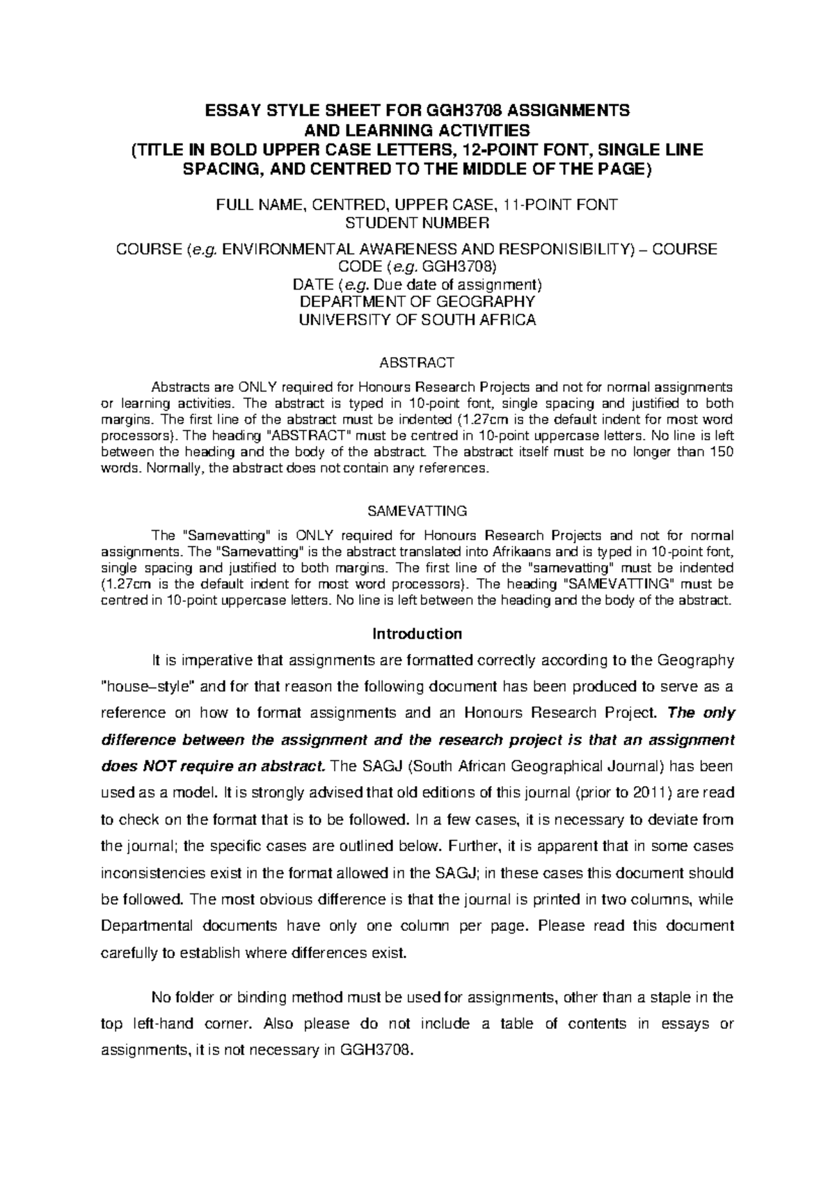 GGH3708 ESSAY ASSIGNMENT STYLE SHEET GUIDELINES - Studocu