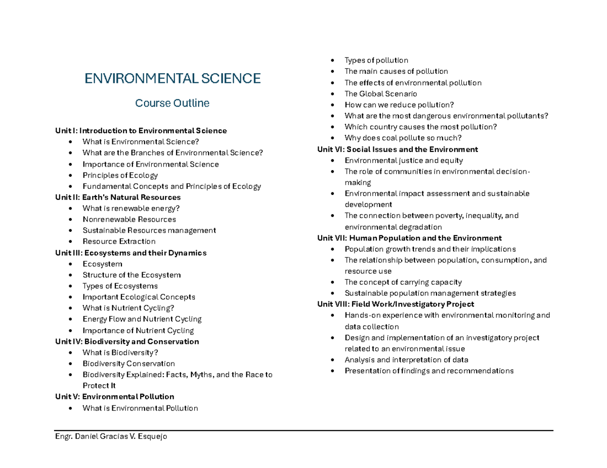 Environmental Science Course Outline Key Concepts Units Studocu