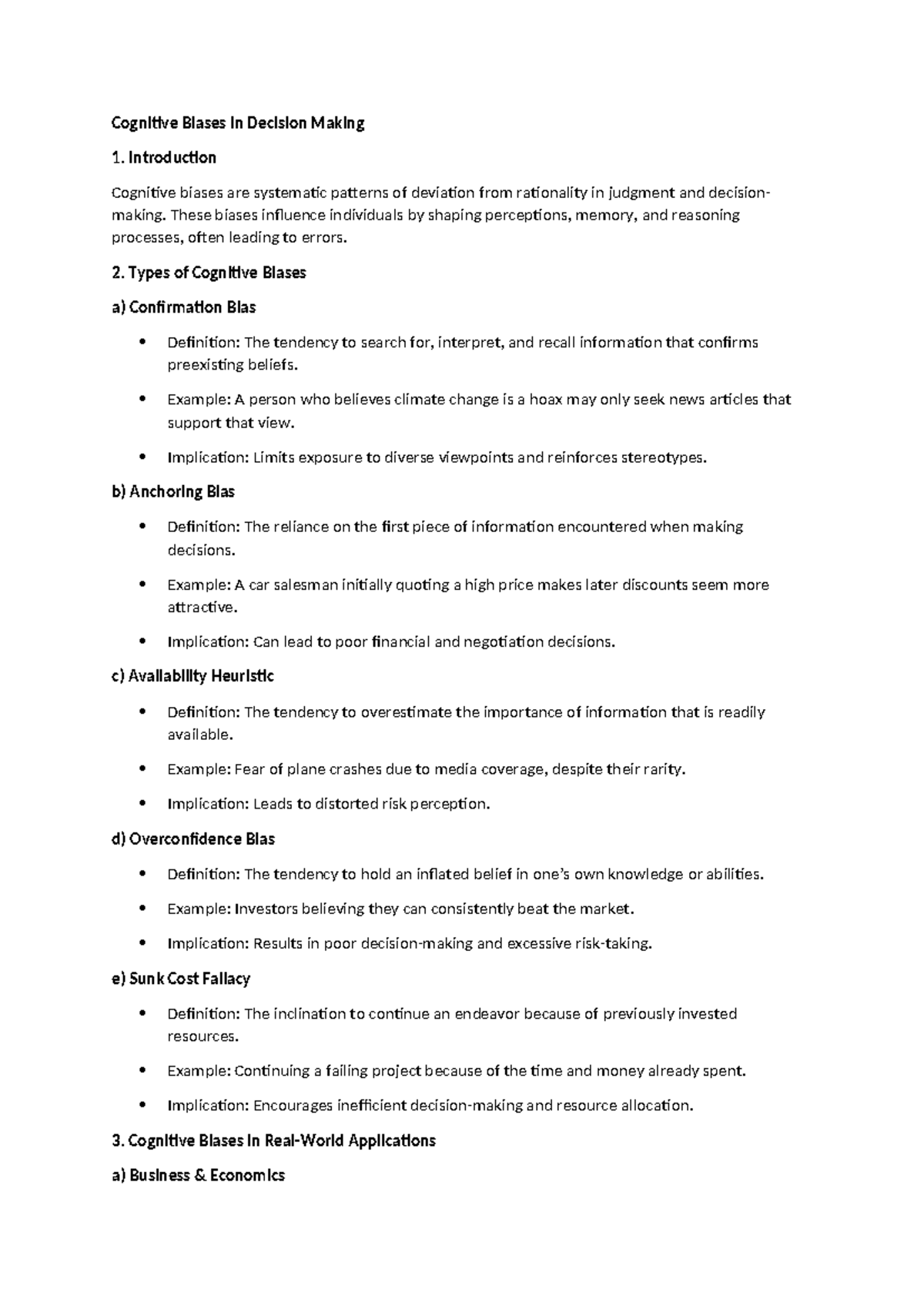 Notes - Cognitive Biases in Decision Making 1. Introduction Cognitive ...